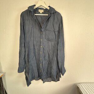 Cloth & Stone Blue Printed Tencel Button-Up Mini Shirt Dress Large Tie-Waist